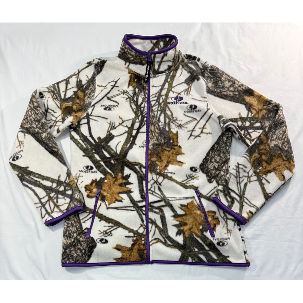 Mossy Oak Fleece Jacket Womens Medium MO Snow Camo Purple Trim Full Zip W316236
